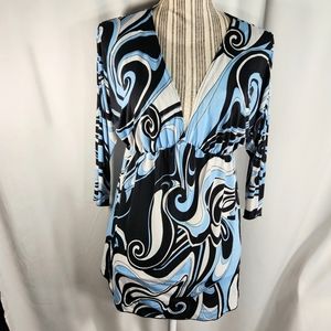 MKM Designs Vintage Blue Black White Swirl V Neck 3/4 Sleeve Top Size Medium